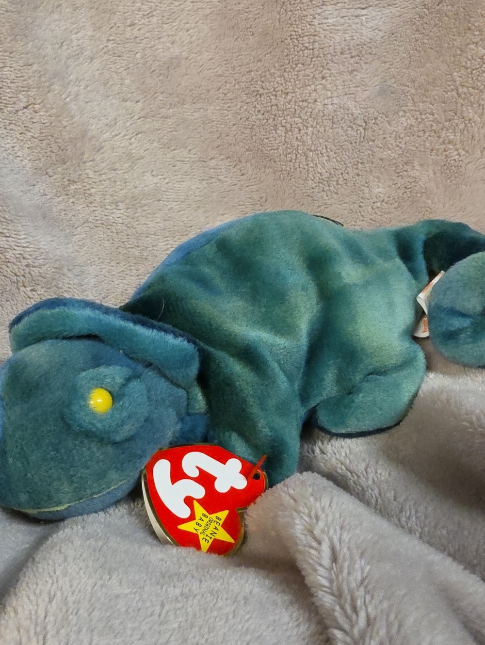 TY Teal Plush Beanie with Yellow Eyes
